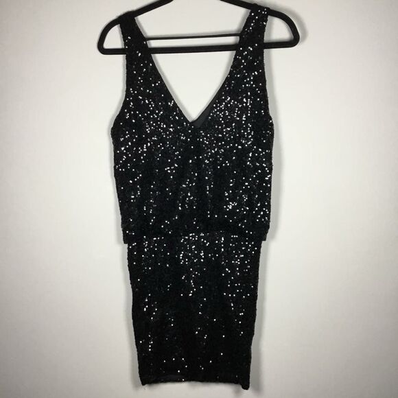 Astr Black All Over Sequin Glam Club Party Concert Deep V Mini Dress S/M - Picture 1 of 8